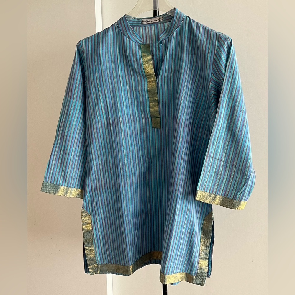 Westside cotton Tunic Kurta Top Turquoise Blue striped w Zari EUC - Small